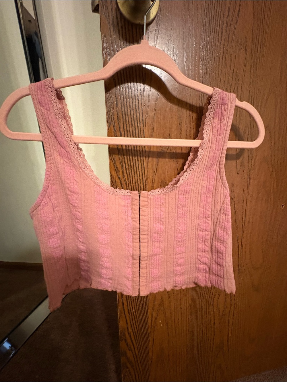 Reclaimed Vintage Pink Lace-Trim Cropped Tank Top